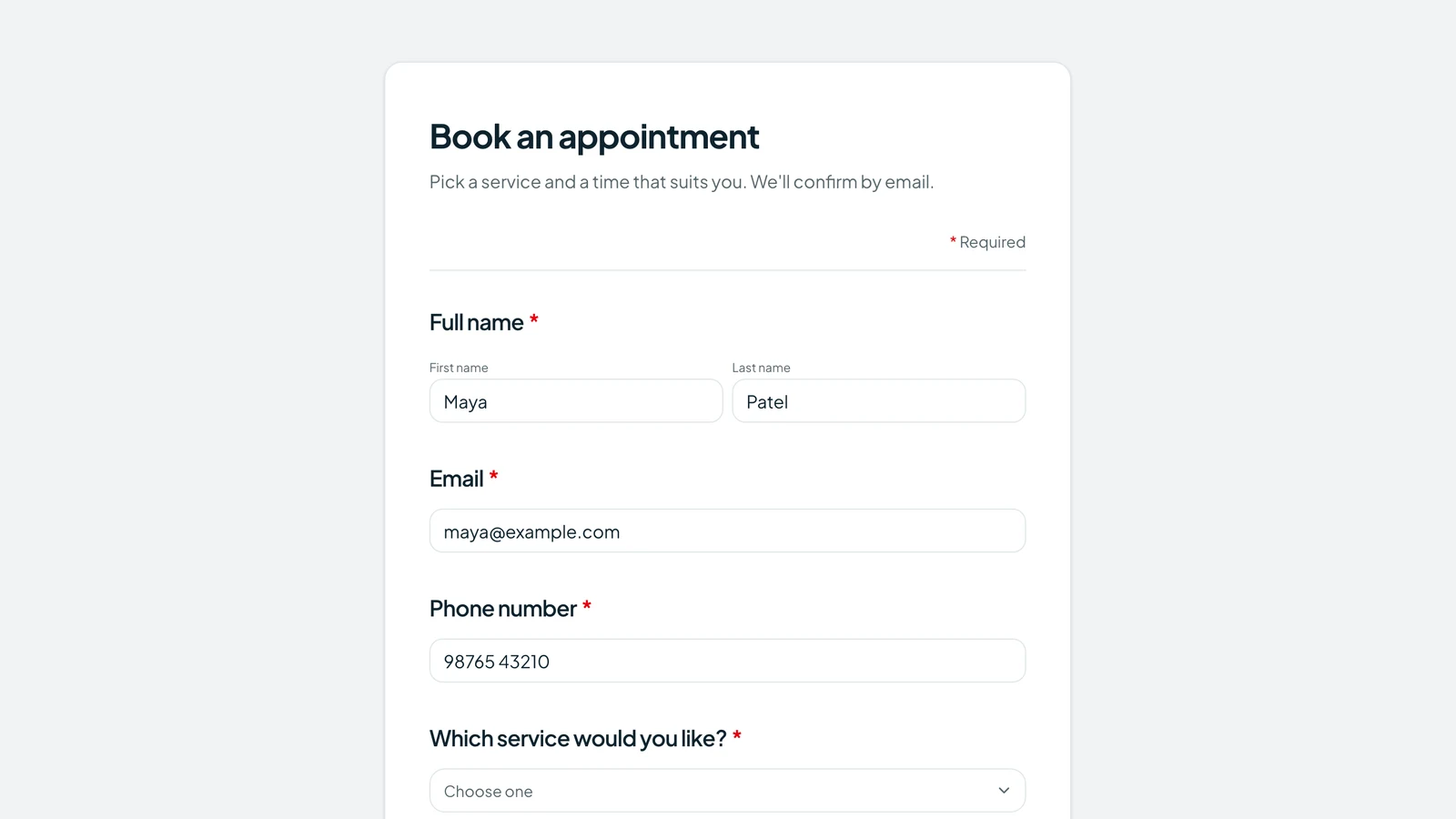 Appointment booking form template in Tapzy with name, email, phone and service fields