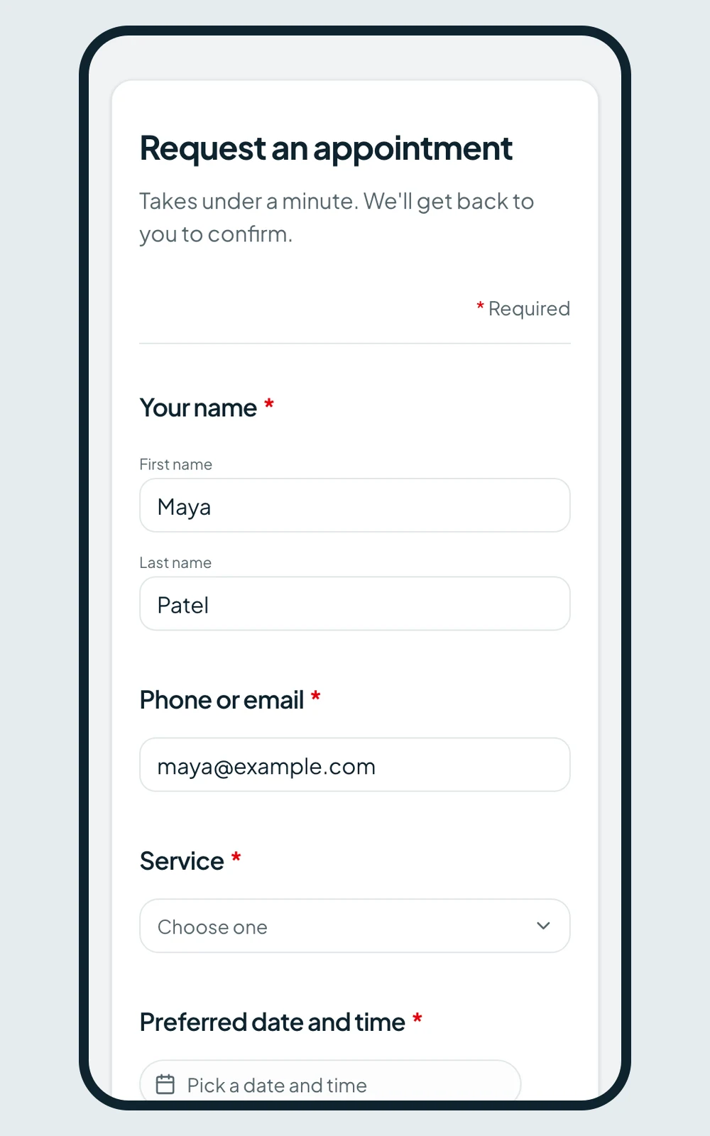 Appointment short form template on a mobile phone with name, phone or email, service and date fields