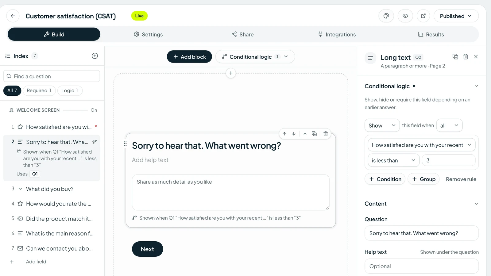 Conditional logic in a feedback form that asks what went wrong only after a low rating