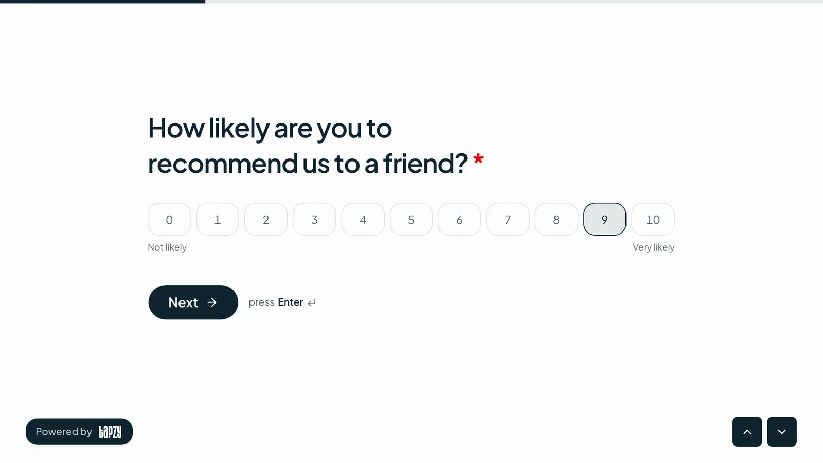 NPS survey question on a 0 to 10 scale in a Tapzy feedback form