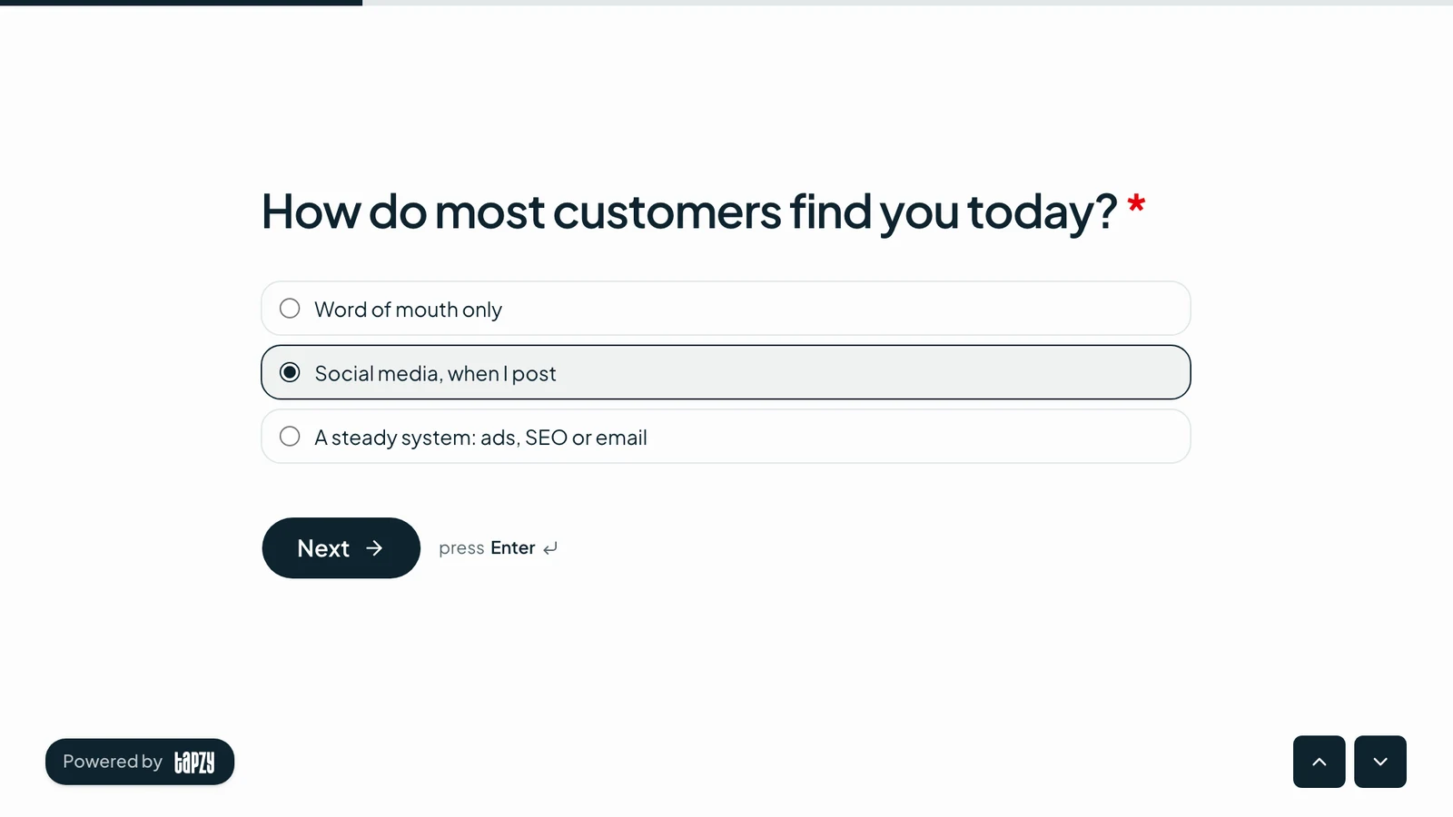 Online multiple choice question with one answer selected in a Tapzy form